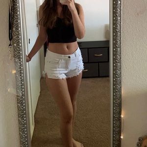 White high rise distressed shorts